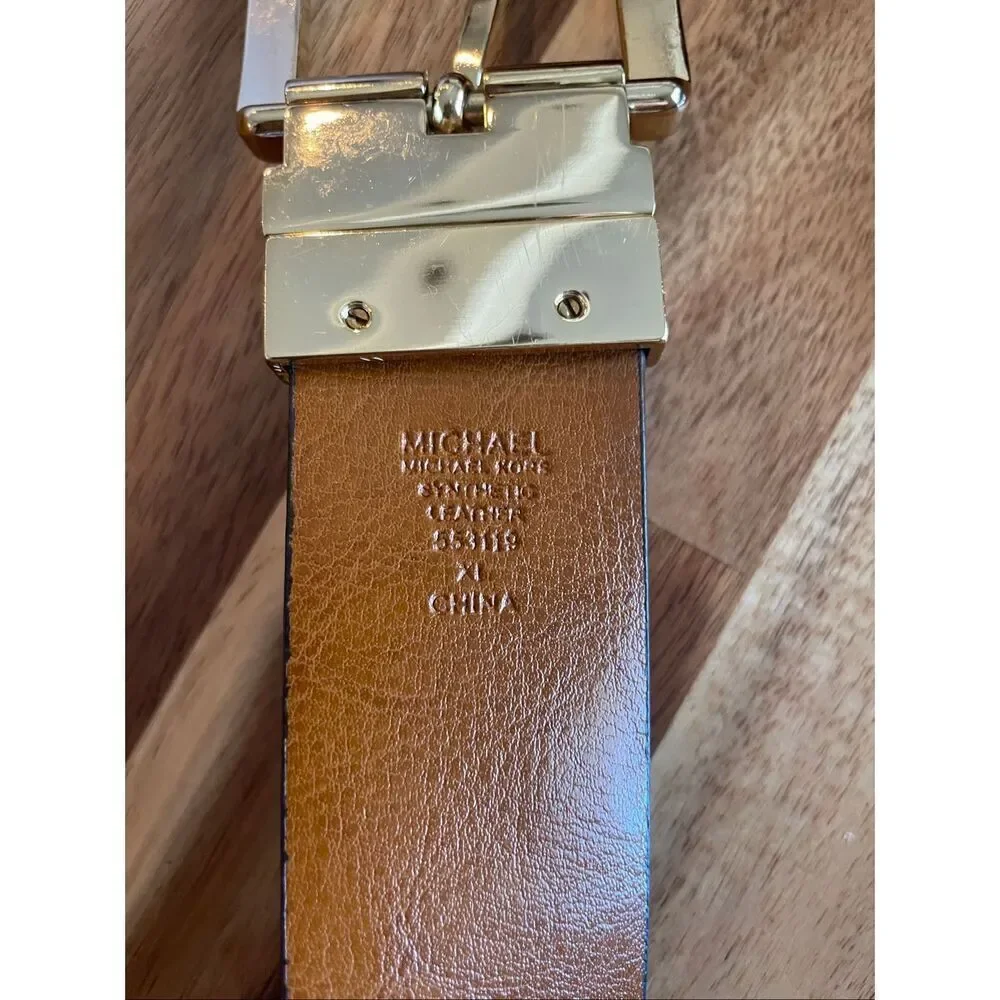 MICHAEL KORS 553119 MK Signature Belt Brown Leather-Gold Square Buckle